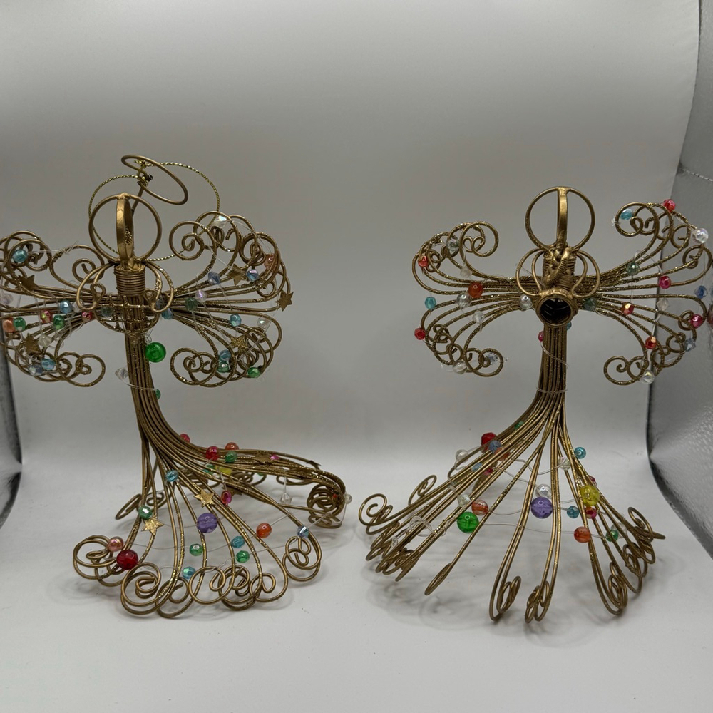 Vintage Gold Multicolor Beaded Wire Angel Holiday Decor set of 2